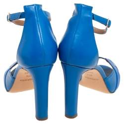 Pre Owned Hermes Blue Leather Highlight Ankle-Strap Sandals Size 37.5