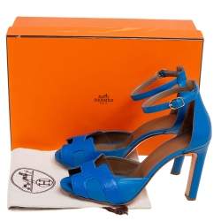 Pre Owned Hermes Blue Leather Highlight Ankle-Strap Sandals Size 37.5