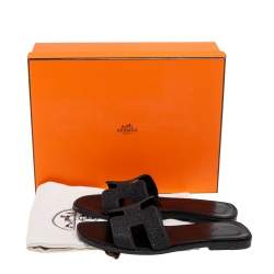 Hermes Black Crystal Suede Oran Flat Slides Size 37 