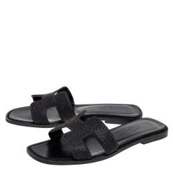 Hermes Black Crystal Suede Oran Flat Slides Size 37 