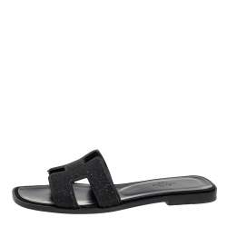 Hermes Black Crystal Suede Oran Flat Slides Size 37 