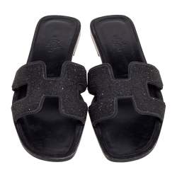 Hermes Black Crystal Suede Oran Flat Slides Size 37 