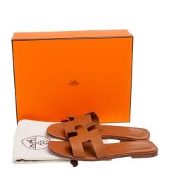 Pre Owned Hermes Tan Leather Oran Flat Slides Size 37.5