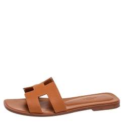 Pre Owned Hermes Tan Leather Oran Flat Slides Size 37.5