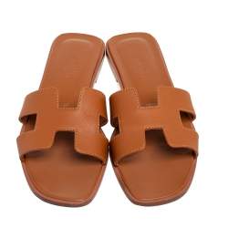Pre Owned Hermes Tan Leather Oran Flat Slides Size 37.5