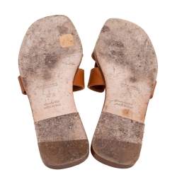 Pre Owned Hermes Tan Leather Oran Flat Slides Size 37.5