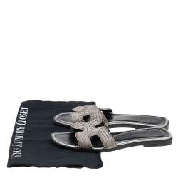 Pre Owned Hermes Silver Twisted Metal Thread Oran Flat Slides Size 36