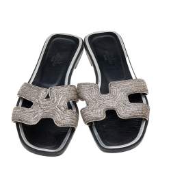 Pre Owned Hermes Silver Twisted Metal Thread Oran Flat Slides Size 36