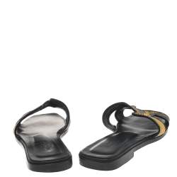 Hermes Black/Yellow Printed Satin Oran Slide Sandals Size 37