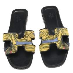 Hermes Black/Yellow Printed Satin Oran Slide Sandals Size 37