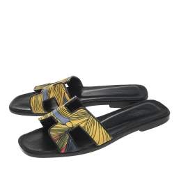 Hermes Black/Yellow Printed Satin Oran Slide Sandals Size 37