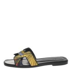 Hermes Black/Yellow Printed Satin Oran Slide Sandals Size 37