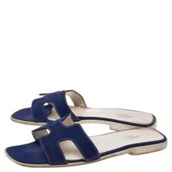 Pre Owned Hermes Blue Fabric Oran Flat Sandals 39