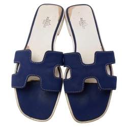 Pre Owned Hermes Blue Fabric Oran Flat Sandals 39