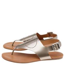 Hermes Grey Logo Patent Leather Thong Sandals Size 37.5 