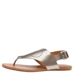 Hermes Grey Logo Patent Leather Thong Sandals Size 37.5 