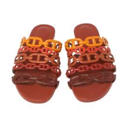 Pre Owned Hermes Tri Color Leather Chaine D'ancre Flat Slides Size 36