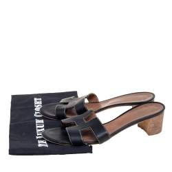 Hermes Black Leather Oasis Slide Sandals Size 40