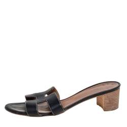 Hermes Black Leather Oasis Slide Sandals Size 40