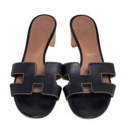 Hermes Black Leather Oasis Slide Sandals Size 40