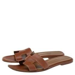 Pre Owned Hermes Brown Leather Oran Flat Slides Size 41.5