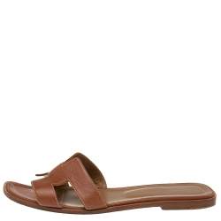 Pre Owned Hermes Brown Leather Oran Flat Slides Size 41.5