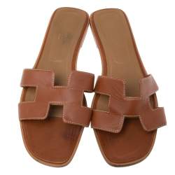 Pre Owned Hermes Brown Leather Oran Flat Slides Size 41.5