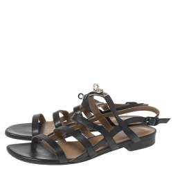 Pre Owned Hermes Black Leather Marine Strappy Flat Sandals Size 41
