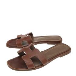 Hermes Brown Leather Oran Flat Sandals Size 38