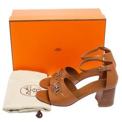 Pre Owned Hermes Tan Leather Viaggio Ankle-Strap Sandals Size 38