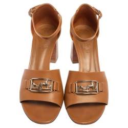 Pre Owned Hermes Tan Leather Viaggio Ankle-Strap Sandals Size 38