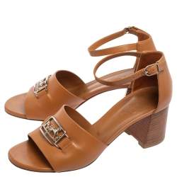 Pre Owned Hermes Tan Leather Viaggio Ankle-Strap Sandals Size 38