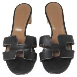 Pre Owned Hermes Black Leather Oasis Block Heel Slide Sandals Size 41