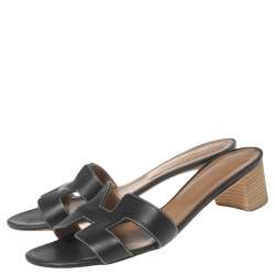 Pre Owned Hermes Black Leather Oasis Block Heel Slide Sandals Size 41