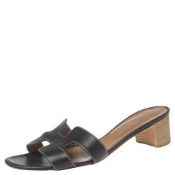 Pre Owned Hermes Black Leather Oasis Block Heel Slide Sandals Size 41