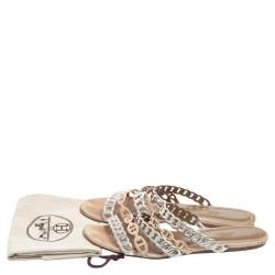 Hermes Beige/Silver Suede And Leather D'ancre Chaine Flat Sandals Size 41