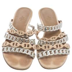 Hermes Beige/Silver Suede And Leather D'ancre Chaine Flat Sandals Size 41