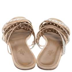 Hermes Beige/Silver Suede And Leather D'ancre Chaine Flat Sandals Size 41