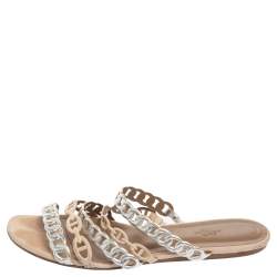 Hermes Beige/Silver Suede And Leather D'ancre Chaine Flat Sandals Size 41