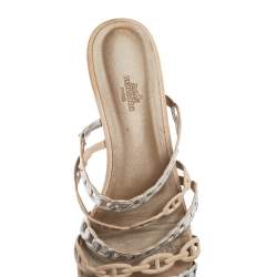 Hermes Beige/Silver Suede And Leather D'ancre Chaine Flat Sandals Size 41