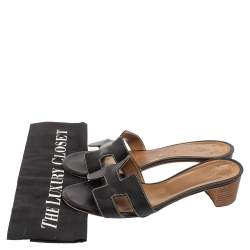 Pre Owned Hermes Black Leather Oasis Slide Sandals Size 38