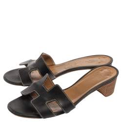 Pre Owned Hermes Black Leather Oasis Slide Sandals Size 38