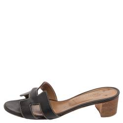 Pre Owned Hermes Black Leather Oasis Slide Sandals Size 38