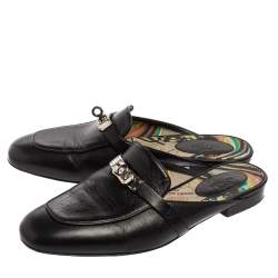 Pre Owned Hermes Black Leather Palladium Plated Oz Mule Sandals Size 38