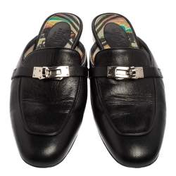 Pre Owned Hermes Black Leather Palladium Plated Oz Mule Sandals Size 38