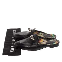 Pre Owned Hermes Black Leather Palladium Plated Oz Mule Sandals Size 38