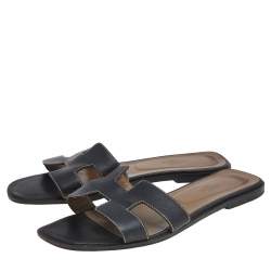 Hermes Black Leather Oran  Sandals Size 41