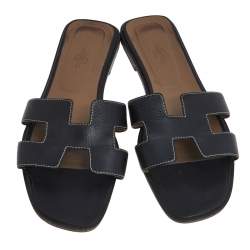 Hermes Black Leather Oran  Sandals Size 41
