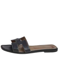 Hermes Black Leather Oran  Sandals Size 41