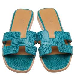 Pre Owned Hermes Blue Lizard Leather Oran Flat Slides Size 36